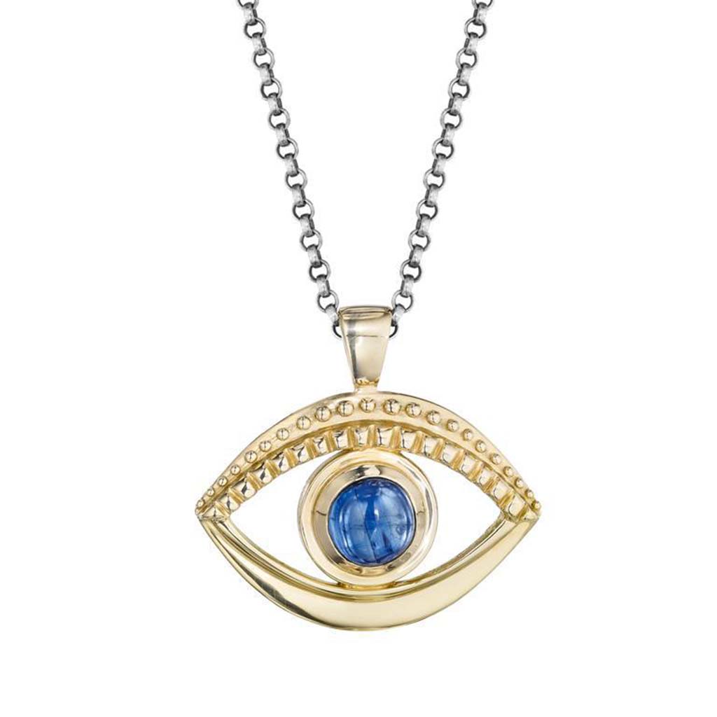 14k gold evil eye necklace with a dazzling blue kyanite gemstone by Jane Bartel