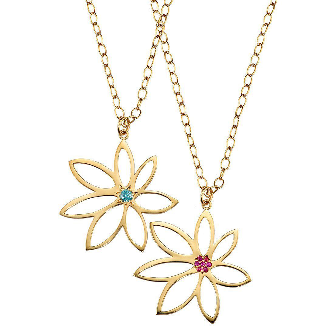Flower pendant necklaces in 18k gold set with rubies by Jane Bartel Jewelry