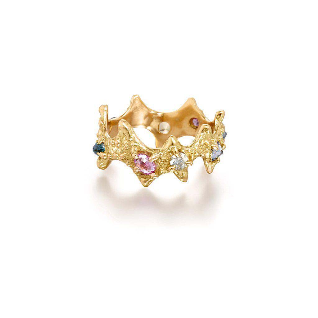 18k gold seashell textured ring with colored sapphires ocean inspired jewelry by Jane Bartel