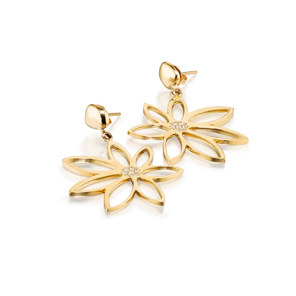 diamond daisy flower earrings in 18k gold by Jane Bartel