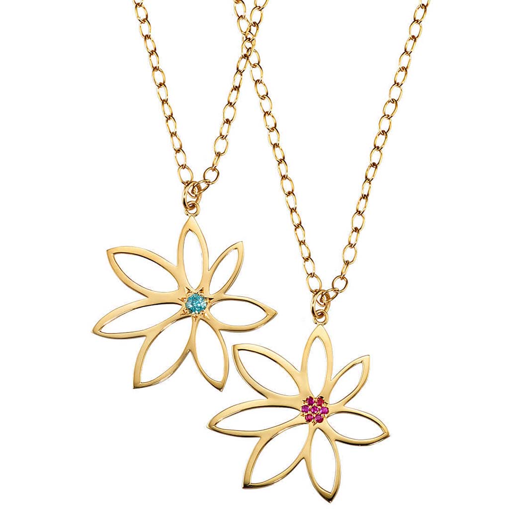 18k gold flower necklaces with blue zircon gemstones and rubies