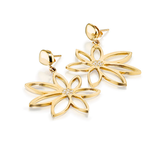 Gold diamond flower dangle earrings by Jane Bartel Jewelry. 