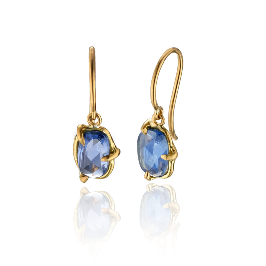 Rose Cut Blue Sapphire Dangle Earrings 18k Gold