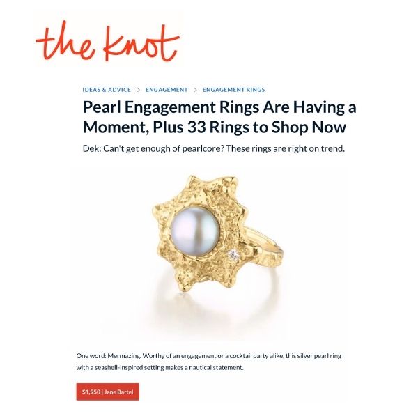 Gold and pearl engagement ring or cocktail ring featured in The Knot magazine by Jane Bartel Jewelry