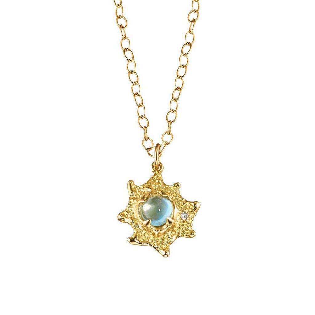 Ocean inspired starry aquamarine necklace crafted in textured 18k gold with a small white diamond by Jane Bartel Jewelry