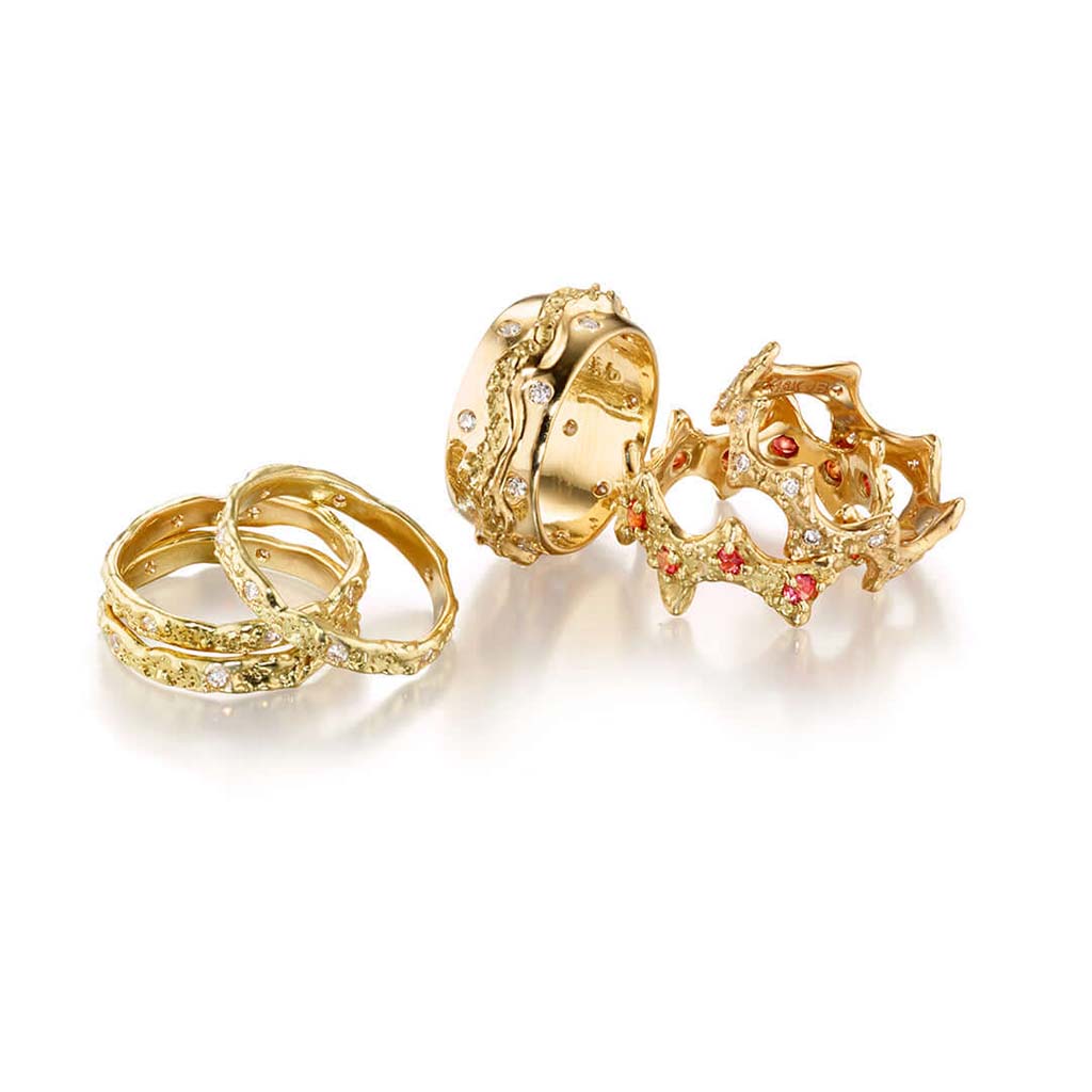 Ocean inspired collection of 18k gold diamond and sapphire rings by Jane Bartel Jewelry