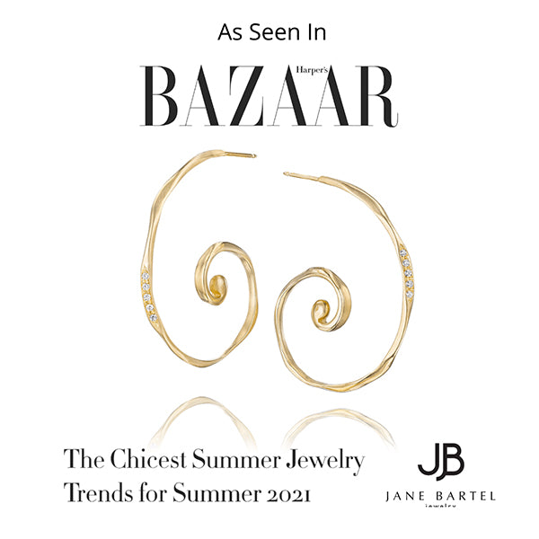 Harpers Bazaar magazine feature of gold and diamond spiral earrings handcrafted by Jane Bartel Jewelry
