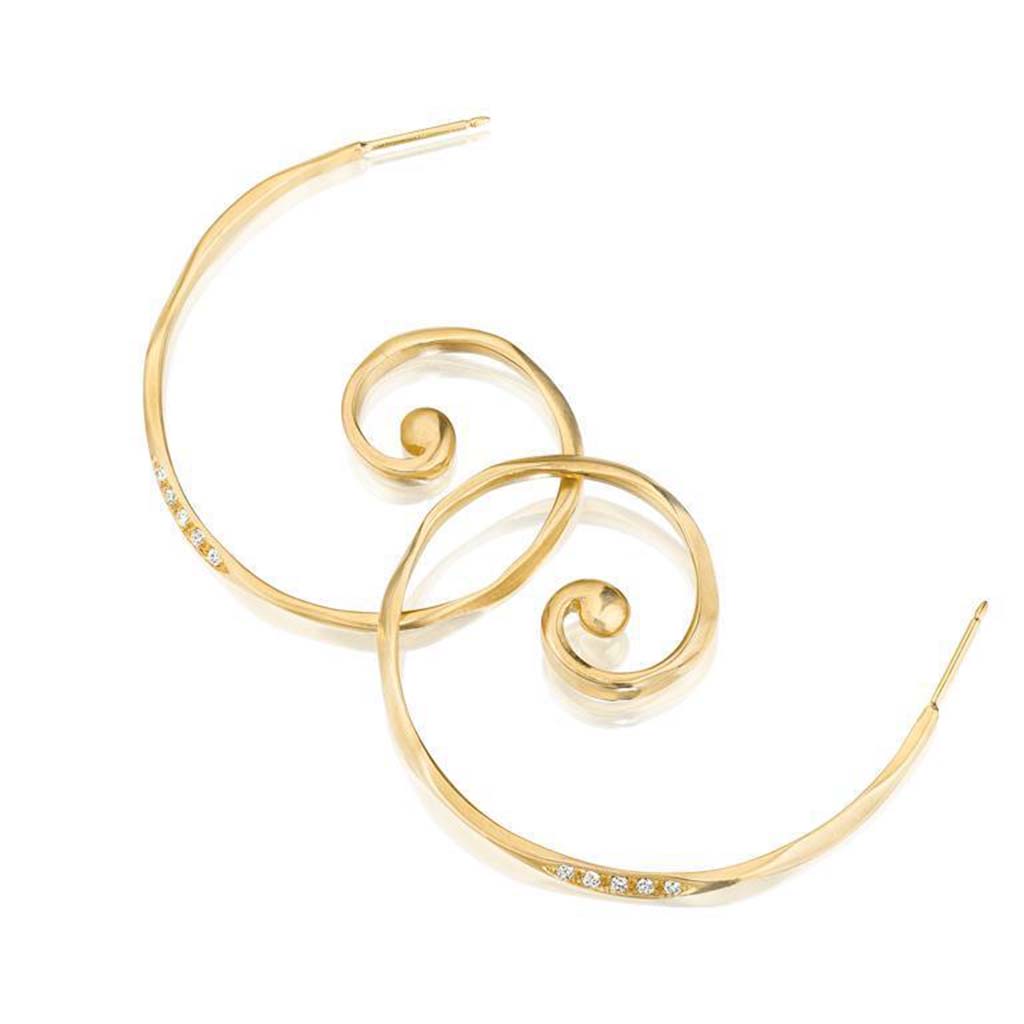 spiral wave 14k gold and diamond hoop earrings by Jane Bartel Jewelry