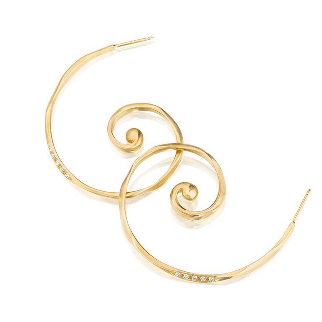 14k gold and diamond spiral hoop earrings by Jane Bartel Jewelry