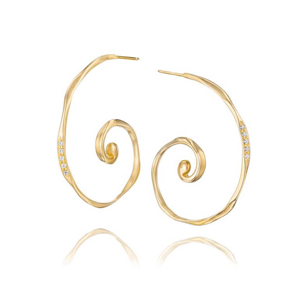 14k gold and diamond spiral hoop earrings by Jane Bartel Jewelry
