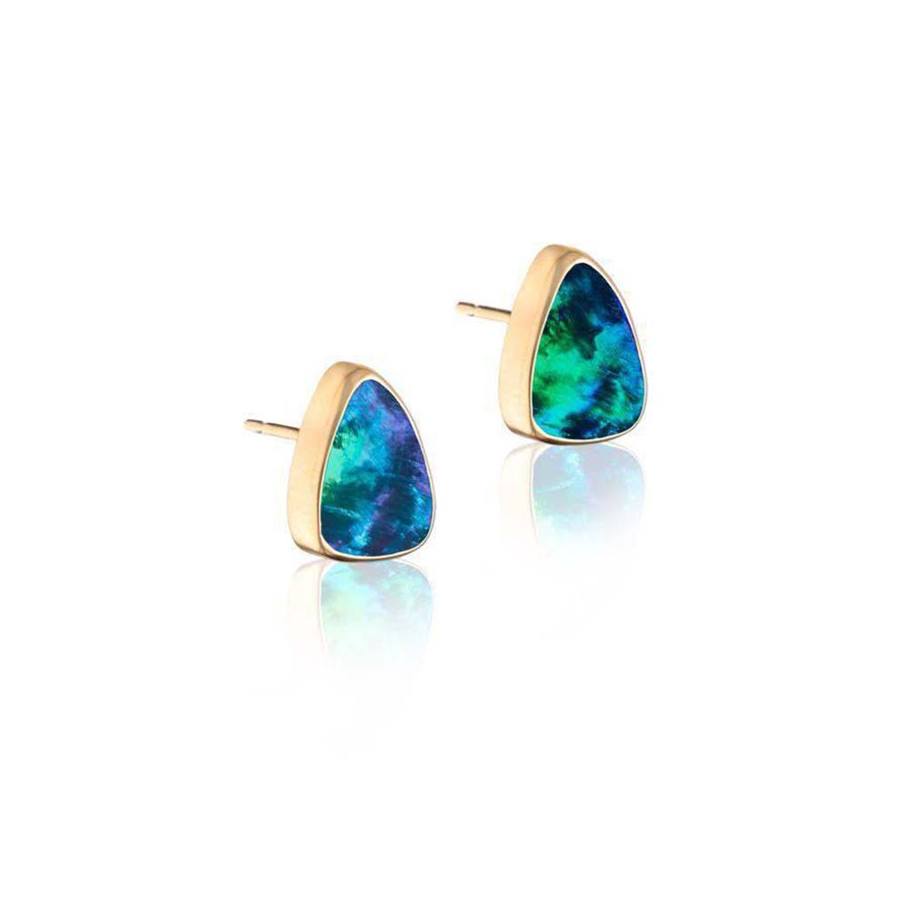 Blue and aqua Australian opal earring studs in 14k gold bezels by Jane Bartel Jewelry