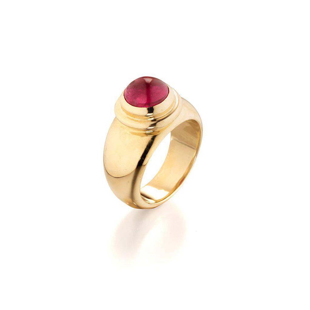 bold unisex 14k gold and rubellite tourmaline ring by Jane Bartel Jewelry