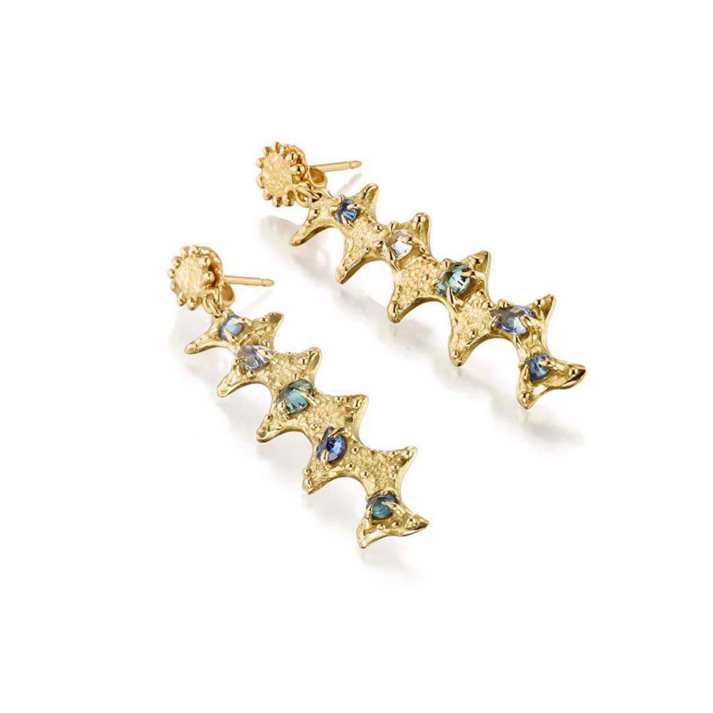 long 18k gold earrings with blue sapphires by Jane Bartel