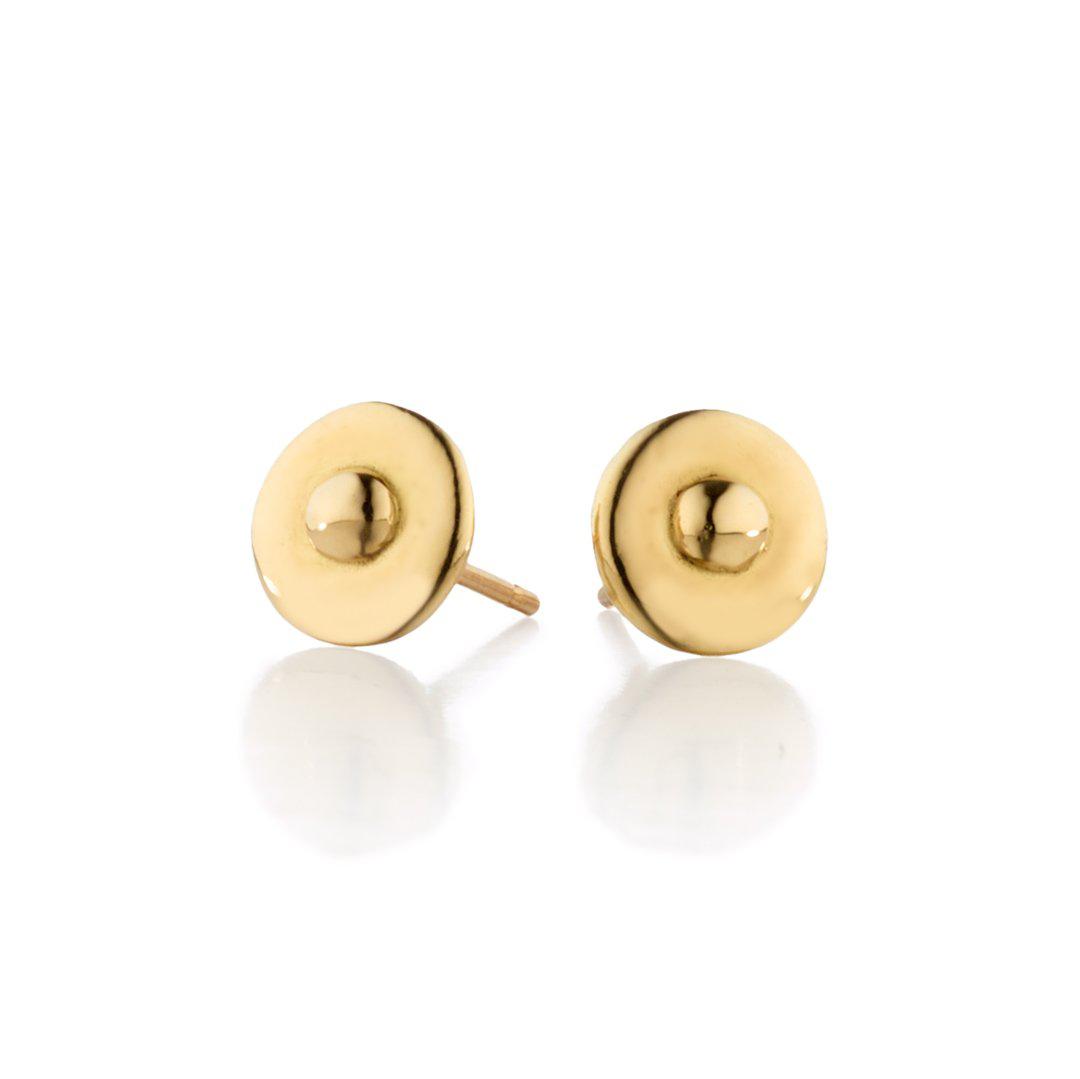 18k solid yellow gold dot stud earrings with a unisex design by Jane Bartel