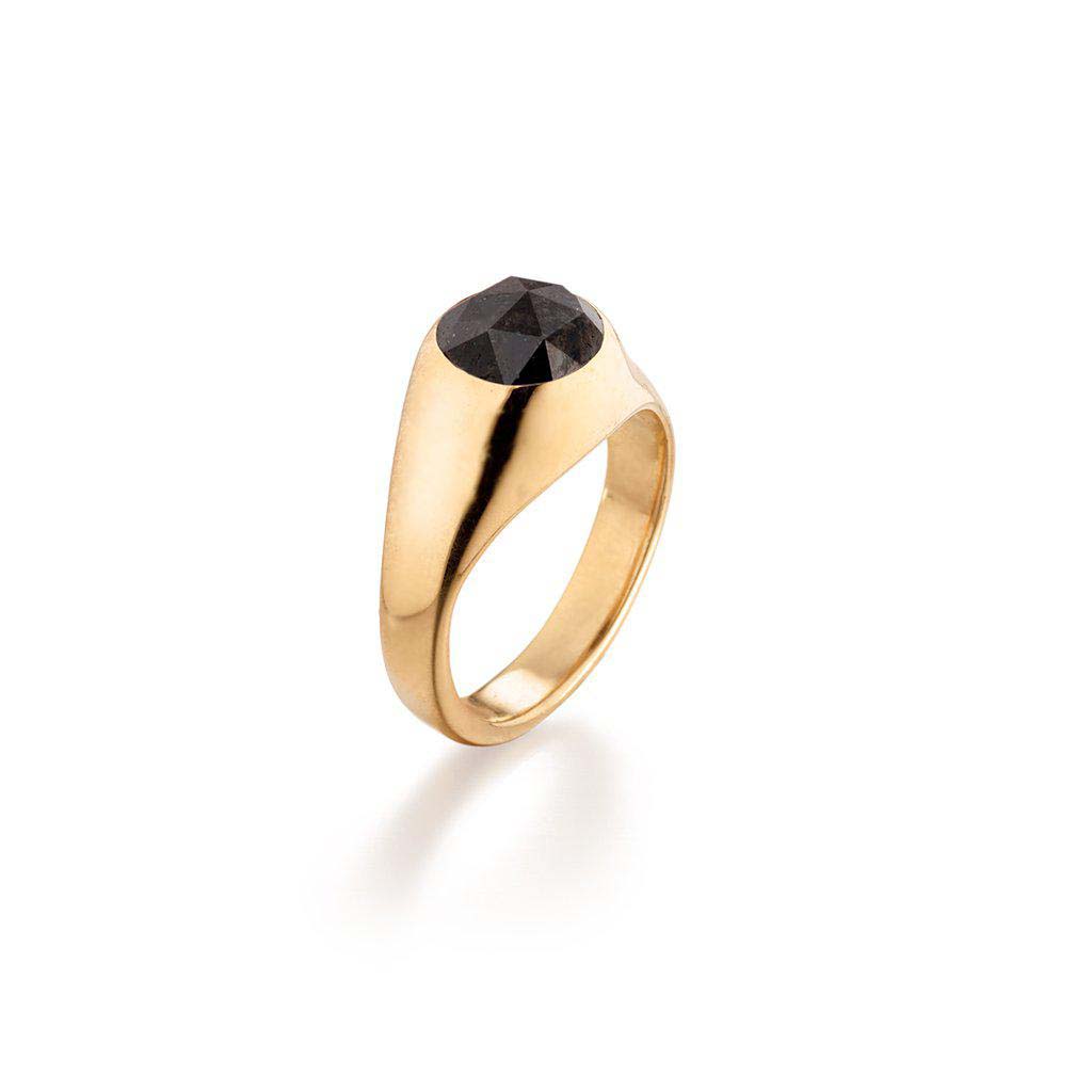 unisex 18k gold signet ring set with a black diamond by Jane Bartel