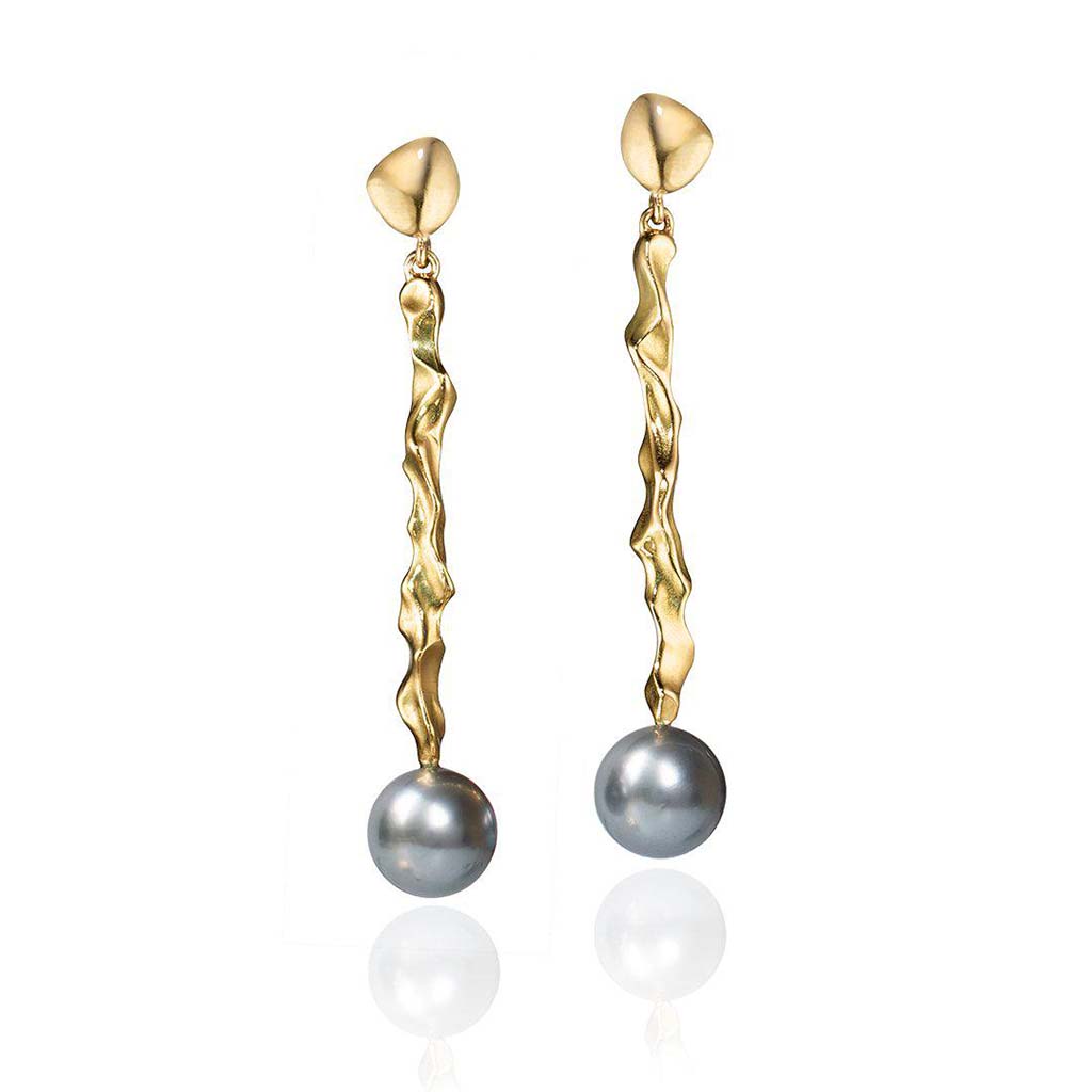 18k gold carved tahitian pearl dangle earrings by Jane Bartel Jewelry