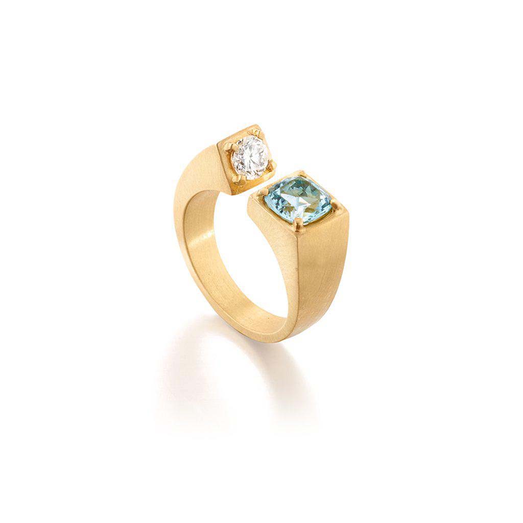 Modern, bold 18k gold Brazilian aquamarine and diamond ring by Jane Bartel Jewelry