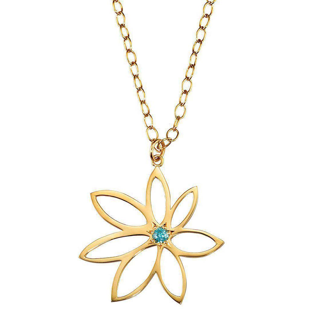 18k gold flower necklace with blue zircon gemstone by Jane Bartel