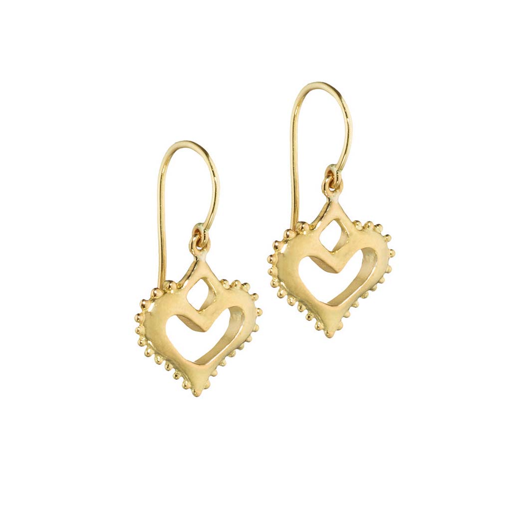 18k gold heart dangle earrings by Jane Bartel Jewelry