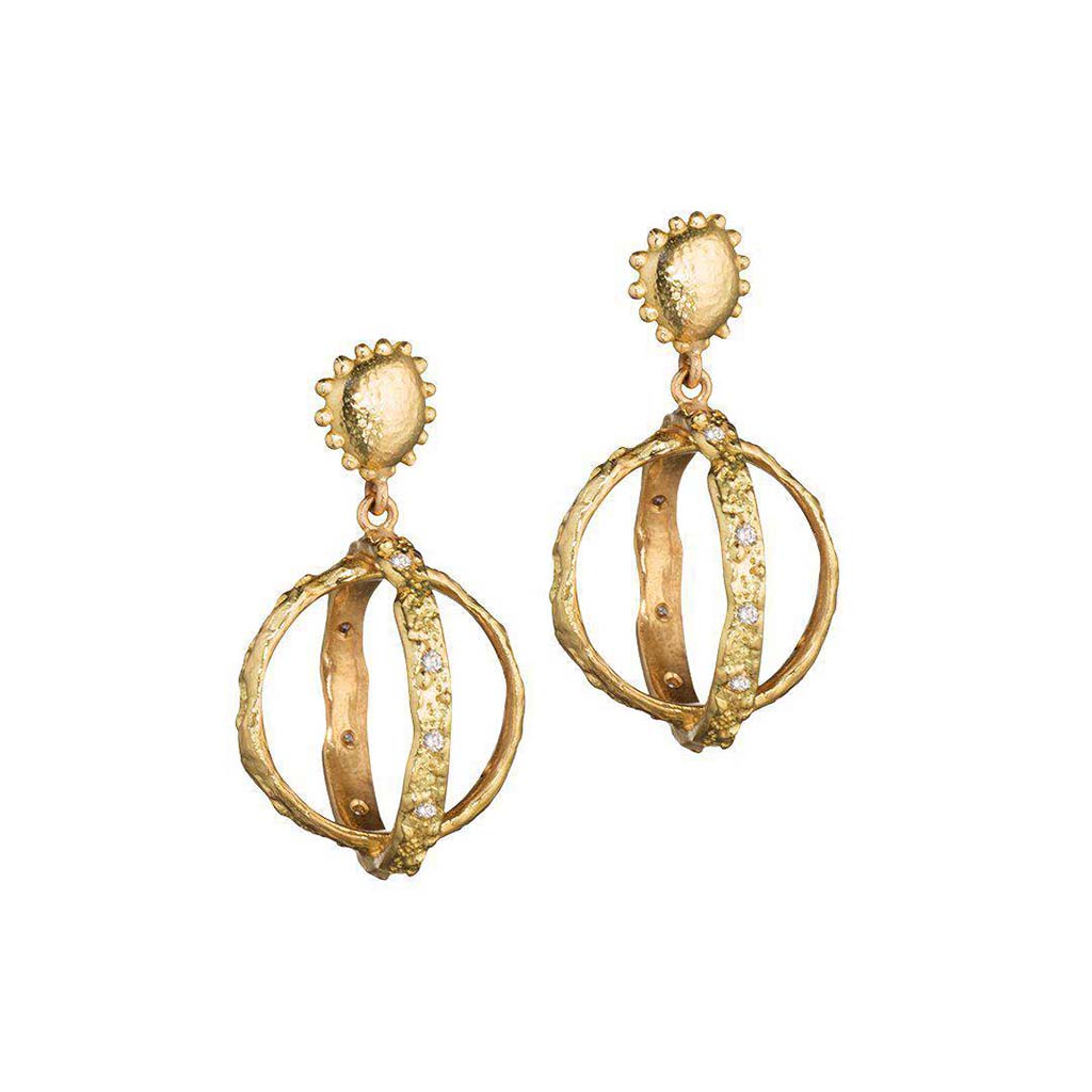 18k gold and diamond dangle circle earrings by Jane Bartel