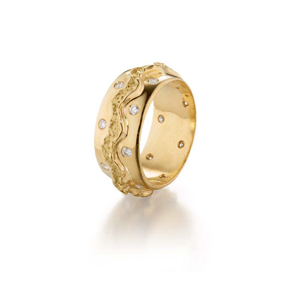18k gold wide band diamond ring handcrafted by Jane Bartel Jewelry