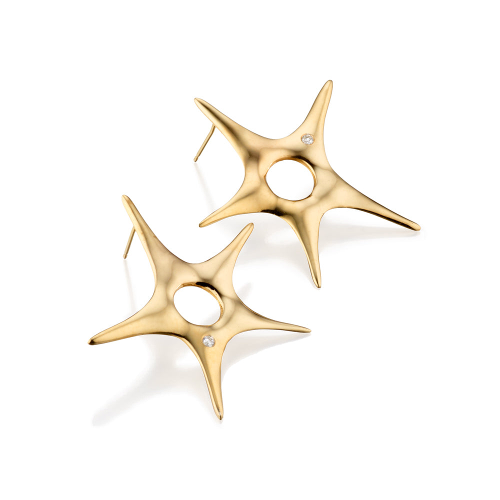 Solid 14k gold large starfish post earrings with a small white diamond by Jane Bartel Jewelry