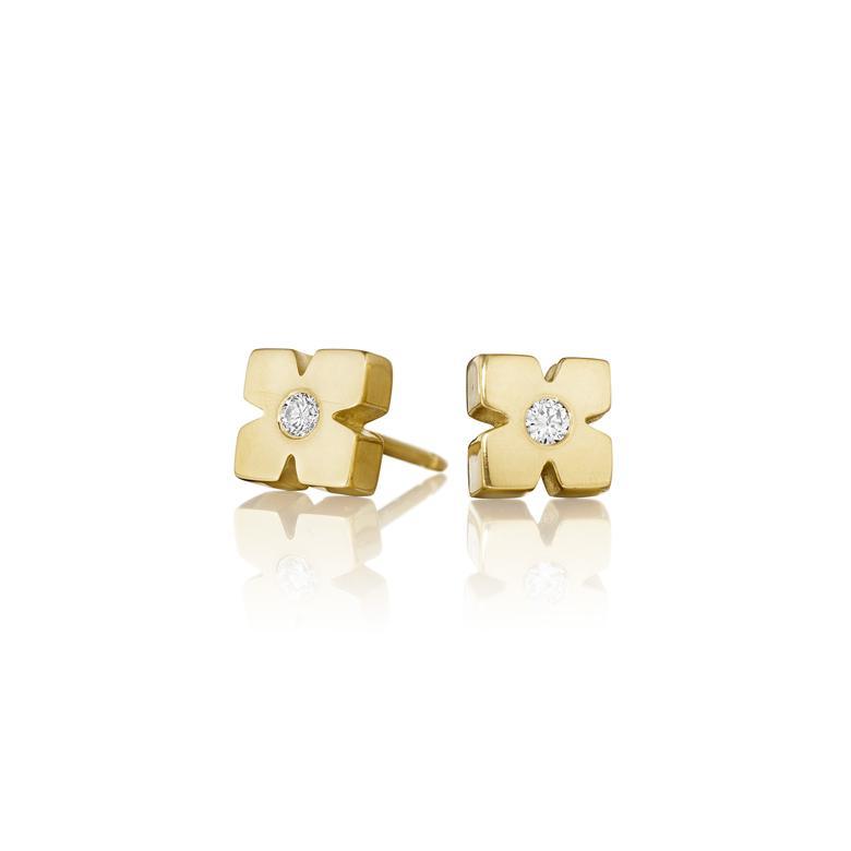 Geometric gold diamond stud earrings by Jane Bartel Jewelry