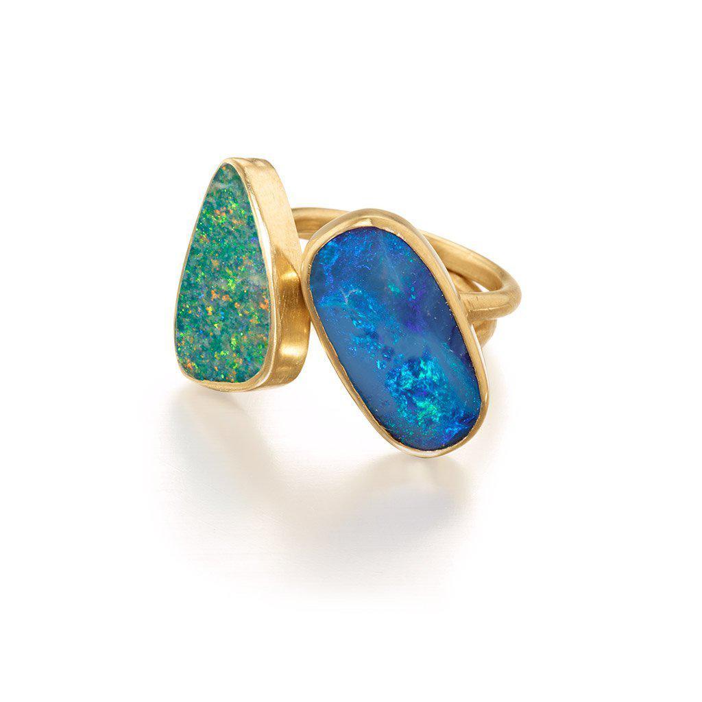 Pair of 14k gold opal stacking rings. Ocean inspired fine jewelry by Jane Bartel Jewelry