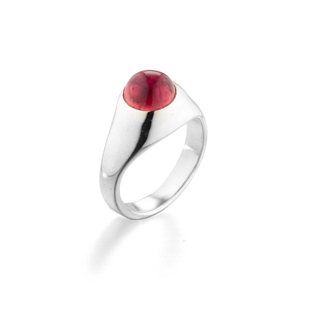 Sleek, modern sterling silver ring set with a rubellite tourmaline by Jane Bartel Jewelry