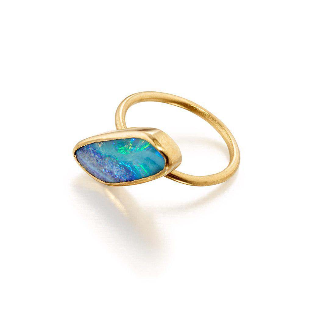 aqua blue opal set in 14k gold bezel by Jane Bartel Jewelry