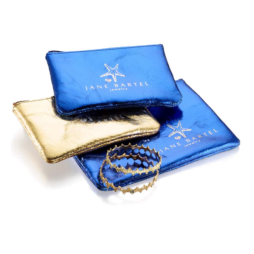 metallic blue leather custom jewelry travel pouches by Jane Bartel