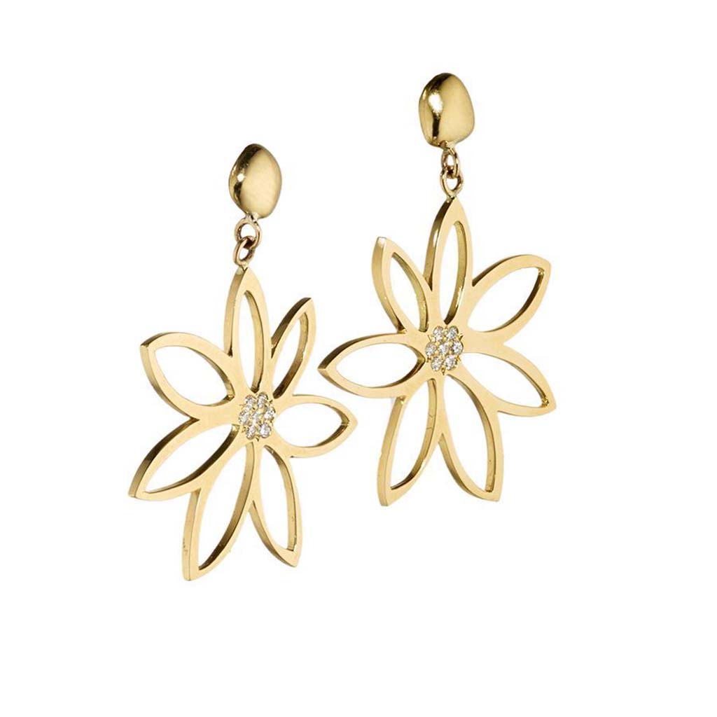 18k gold flower earrings with pave diamonds by Jane Bartel