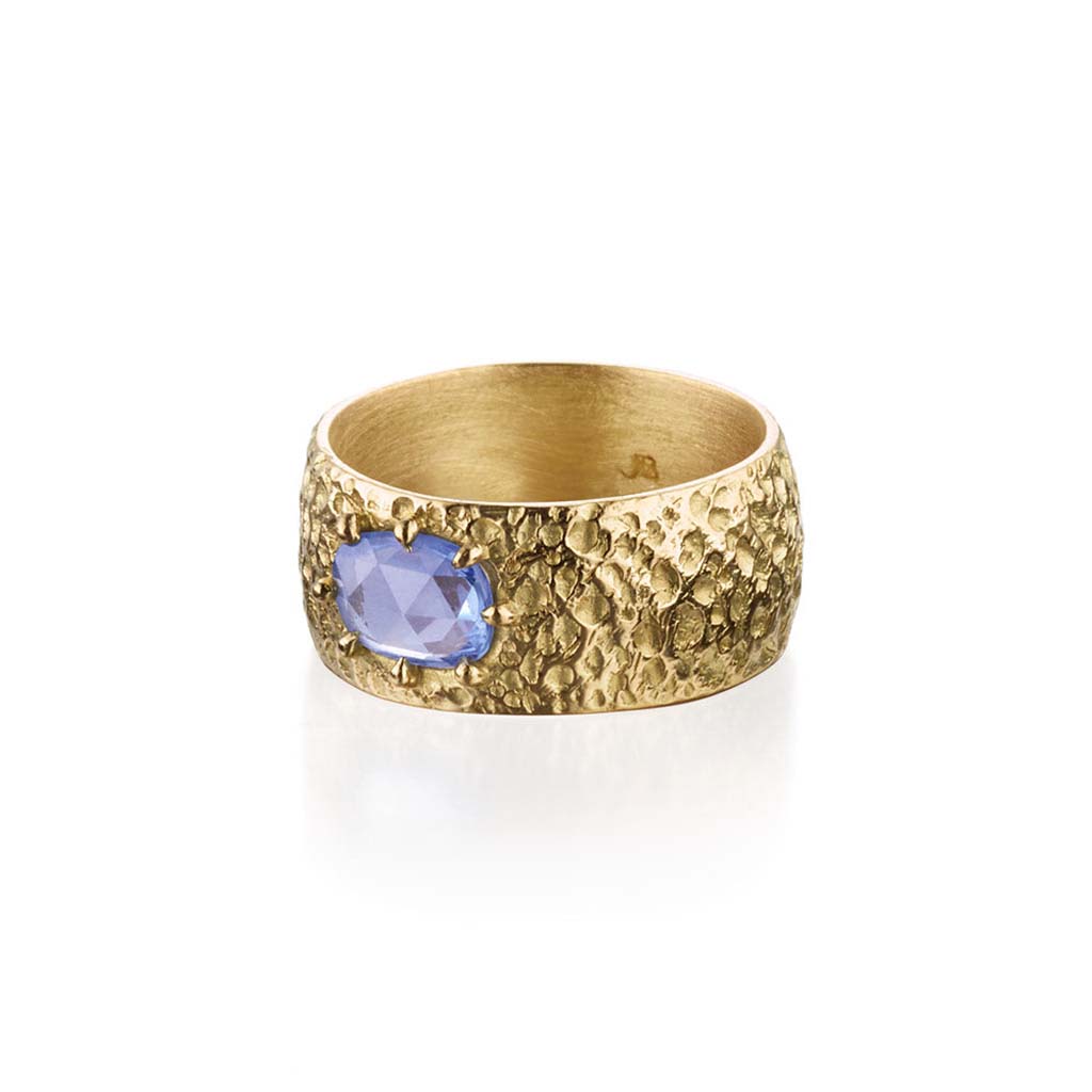 textured wide 18k gold and blue sapphire cigar band ring by Jane Bartel