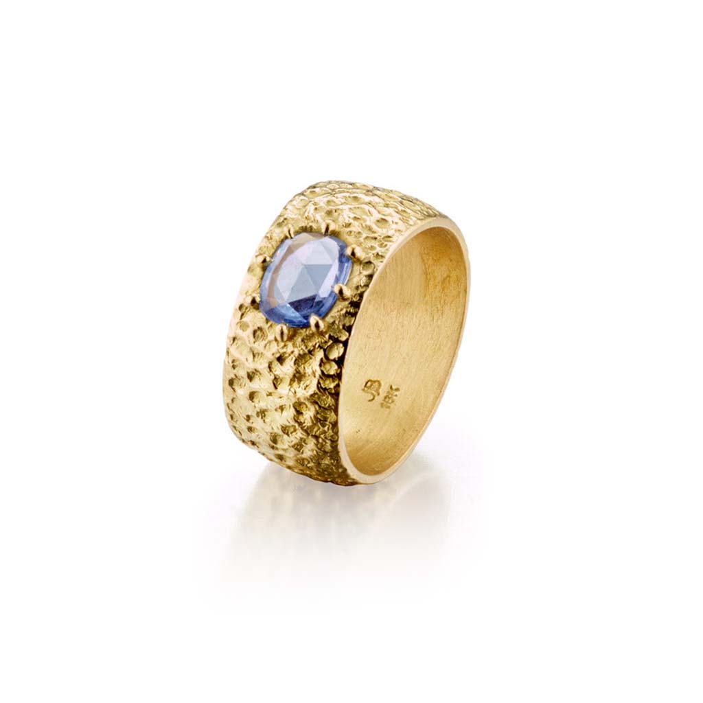 textured wide 18k gold and blue sapphire cigar band ring by Jane Bartel