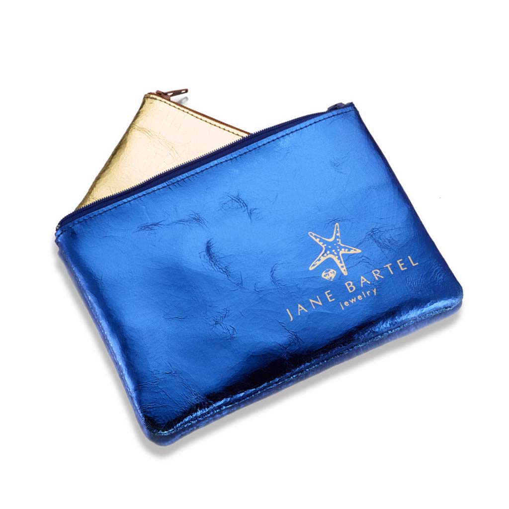 gold and blue metallic leather jewelry travel pouches by Jane Bartel