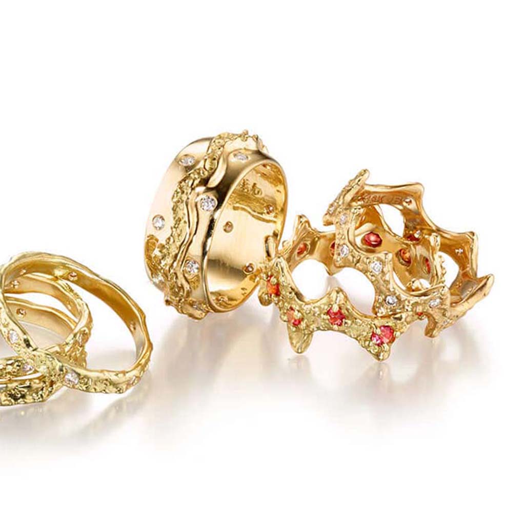 Textured 18k gold sapphire ring, ocean inspired jewelry by Jane Bartel